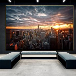 Cuadros en lienzo con vista al atardecer de la ciudad de Nueva York, pósteres impresos, imágenes artísticas de pared de Skline of Manhattan, Cuadros de decoración del hogar para sala de estar