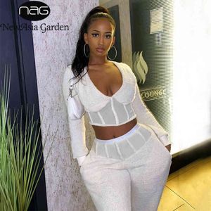 NewAsia Fluffy 2 Piece Pants Sets Sexy V Neck Long Sleeve Crop Top Patchwork High Waist Pants Suit Women Casual White Loungewear 210413