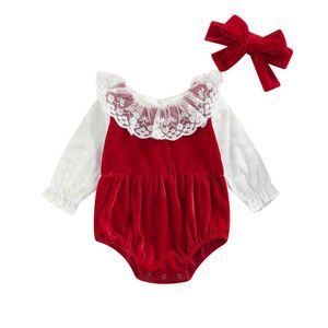 Conjunto de ropa de Navidad para niñas recién nacidas, 2 uds., mameluco con dobladillo de encaje de manga larga rojo vino y tocado, trajes de 0 a 24 meses G220223