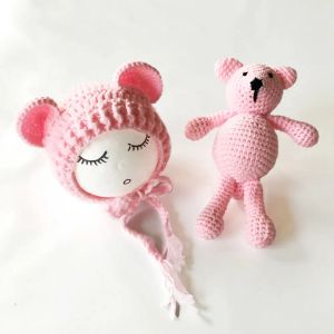 Hats de bebés recién nacidos Fotografía Props Girls Boys Crochet Traje de tejidos de tejido con juguetes para el oso de orejas 2 PCS Lindos regalos para bebé