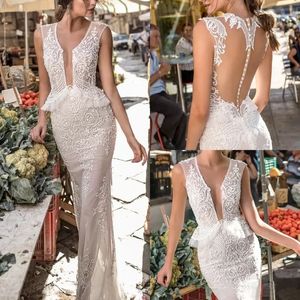Nouvelles robes berta de profondeur V couche sans manches uniques concepteurs uniques appliques sexy robe de mariée boho