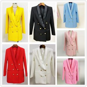 El más nuevo diseñador chaqueta chaqueta mujer botones de León doble botonadura satén chal cuello largo Brazer artículos al por mayor K10299