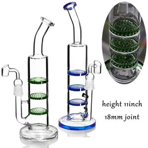 Klein Glass Bong Recycler Oil Rig Hookahs Base sólida Tubo de vidrio grueso Heady Dab Rigs Honeycomb Percolator Green Blue Accesorios para fumar 11 pulgadas de alto