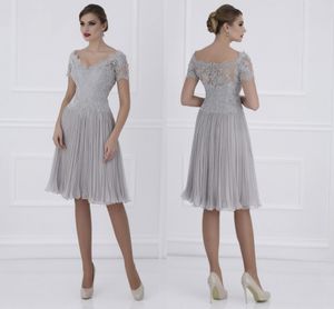 Lo más nuevo, vestidos para madre de la novia de encaje gris claro, apliques, vestidos de noche de manga corta, vestidos para madre hasta la rodilla