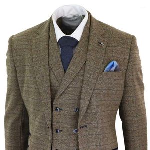Trajes para hombres Blazers Est Oak Brown Mens 3 piezas Tweed Check Traje Homme Doble Pecho Vintage Peaky Blinders Suit1