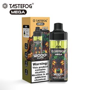 Le plus récent Tastefog Mega 12K Puffs Vapes jetables Kit de dosette de cigarette électronique rechargeable 2% 15 ml 650 mAh 12 saveurs avec contrôle du flux d'air de lampe de poche LED