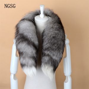 NGSG Réel Fourrure De Renard Écharpe Femmes Hommes Rayé Hiver Chaud 80-90 CM Longue Queue Écharpe De Mode De Luxe Col Foulards Wraps Femme W001 C18110101