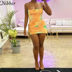 Nibber Tie Dye Ruché Bandage Sexy Mini Robe D'été Femmes Streetwear Tenues Sling Wrap Robe Club Femme Sundress Offres Chaudes Y0726