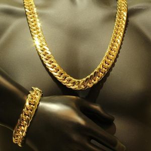 Pendientes Collar Bonito Conjunto de Cadena de Oro Grueso Amarillo Lleno Robusto Tipo Pesado Hombres Pulsera Accesorios Joyería Set1