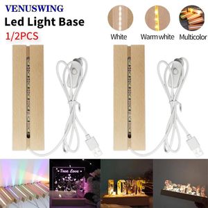 Lumières de nuit 1/2pcs base de lumière LED en bois rectangle cristal base de lampe d'affichage USB pour résine lettre verre art ornement décoratif