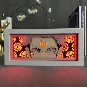 Luces nocturnas Caja de luz de anime Jujutsu Kaisen Sukuna Yuji Itadori Face para decoración de la habitación Manga Manga 3D Papercut Table DIY Lámpara de madera HKD230704