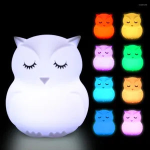 Luces nocturnas Dibujos animados Gato Perro Búho Conejo Luz LED Sensor táctil 9 colores Dormitorio con batería Lámpara de animales de silicona para niños Regalo para bebés