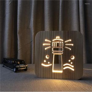 Luces nocturnas Lámpara de madera decorativa Ilusión 3D Casa de luz Adorno para el hogar Muebles Artesanía marítima Decoración de faro Venta de faro