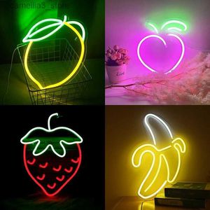 Veilleuses fruits néon signe lumière LED banane fraises pêches citron décoration lampe de nuit pour la maison chambre mur boutique fête festival cadeau Q231114