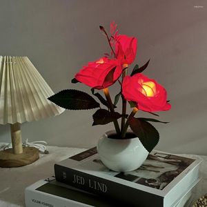 Lights Night LED Flower Potted Rose Reading Table Lamp Bouton de bouton de sécurité Batter