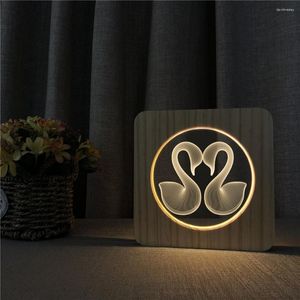 Luces nocturnas con forma de cisnes de amor, lámpara LED 3D de madera acrílica, interruptor de luz de mesa, Control tallado para decorar la habitación de los niños