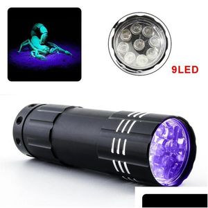 Luces nocturnas mini linterna LED de led violeta lámpara de antorcha 9led batería Traviolet Flash para detector de dinero anti-fake escorpión orina dhhhj4