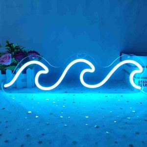 Veilleuses Signe USB Alimenté Chambre Ice Blue Dimmable Light Art Wave Neon Signs pour Décoration Murale HKD230704