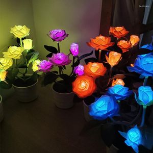 Veilleuses Solaire Simulation Rose Lampe Jardin Balcon Chambre LED Table Décorative De Chevet Artificielle Pot De Fleur Lumière