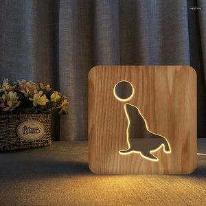 Luces nocturnas, luz de madera, leones marinos, juego de pelota, espectáculo, modelado, lámpara de dormitorio, regalos para dormir para bebé, decoración de estado de ánimo Led alimentada por USB