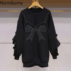 Nomikuma Cuentas coreanas Diamantes Bowknot Jersey Sudadera Ruffle Patchwork Manga larga Sudaderas con capucha Otoño Medio-largo Jumper 6C726 210427