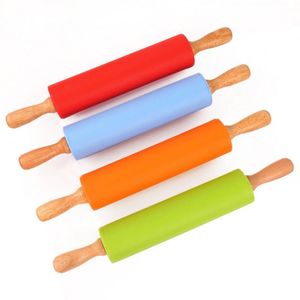 Rodillo de silicona con mango de madera antiadherente, rodillo para masa y harina, herramienta para hornear en la cocina, accesorios de cocina para el hogar