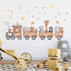 Pegatinas de pared de animales de dibujos animados nórdicos para habitaciones de niños, niñas, niños, decoración de habitación de bebé, jirafa, elefante, tren, pájaros, papel tapiz de estrella 240123