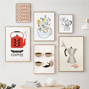 Nordique Chat et Café Toile Peinture Art Print Café Décoration Murale Confortable Minimaliste Beige Affiches Mur Art Salon Cuisine Décoration Wo6