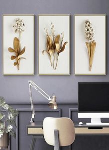 Cuadros artísticos de pared de hojas y flores de plantas doradas nórdicas, Cuadros, carteles e impresiones para decoración para sala de estar 9134823