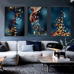 Pinturas en lienzo de peces y pájaros dorados de lujo con luz nórdica, carteles de arte de pared de plumas, impresiones decorativas de pared para la decoración del hogar de la sala de estar