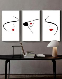 Dibujo lineal minimalista nórdico, pintura de mujer, lienzo abstracto, arte de pared, decoración negra, blanca y roja, póster de pared, juego de 3 piezas sin marco4222288