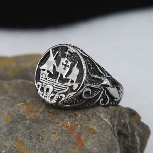 Nordique Octopus Tentacus Pirate Ship Mens Ring Punk 14K Or blanc Anneaux de viking pour hommes