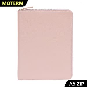 Blocs de notas Moterm Genuine Pebbled Grain Leather A5 Funda con cremallera con bolsillo superior Planificador de piel de vaca Cremallera Notebook Organizador Agenda Diario Diario 230223