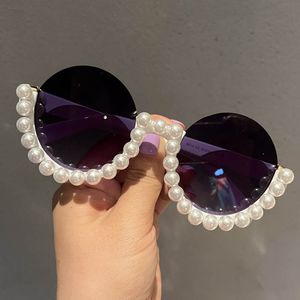 Nouveauté demi-monture fausses perles lunettes de soleil rondes mode femmes lunettes