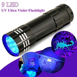 Objets de nouveauté 9led mini aluminium UV ultra violet 9 lampe de poche LED lampe de torche noire 50pcs 50pcs