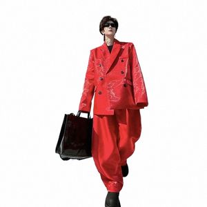 Noymei Niche Design Red Suit Set Loose Male Two Pieces Set 2024 Spring New Men's Double Breasted Blazer Pantalones de pierna ancha WA3701 07dx #