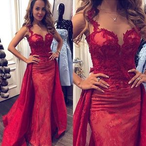 Vestido de fiesta de sirena con cuello de joya desnuda con sobrefalda Cuentas Apliques Vestido de fiesta largo de encaje completo Sin mangas con encanto 2018 Vestidos de fiesta Ropa formal