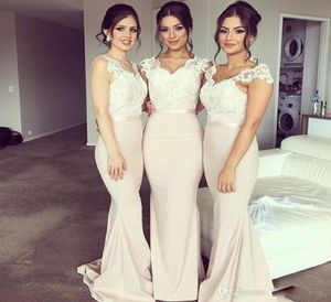 Vestidos de dama de honor de gasa largos desnudos para novia de encaje barato con cuello en V manga casquillo transparente tren de barrido vestido de invitados de boda de sirena 5805090