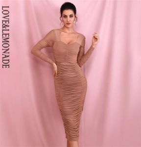 Vestido de fiesta por encima de la rodilla, ajustado, de malla elástica y con cuello cuadrado color nude, manga larga y forro LM819411 2106024452412