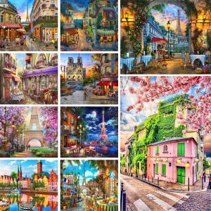 Numéro de paysage dessin animé City Paris Coloriage par nombre de peintures peintes acryliques peintures 40 * 50 PAITING BY NUMBER POUR LES ENFANTS L'ART MÉDICAT