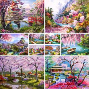 Número de paisaje de árboles de flor de cerezo para colorear por números, juego de pintura 50*70, pintura sobre lienzo, imagen de pared de Loft para niños, artesanía