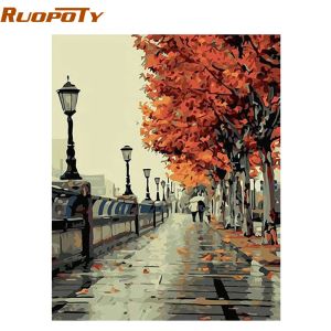 Numéro RUOPOTY Cadre Automne Rue Paysage Peinture À La Main Par Numéros Kit Peinture À L'huile Peinte À La Main Cadeau Unique Pour Le Salon 40X50CM