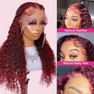 Nxy Lace Wigs 99j bordeaux avant 30 32 pouces cheveux humains colorés pour les femmes noires brésilien 13x4 bouclés vague profonde frontale 230106