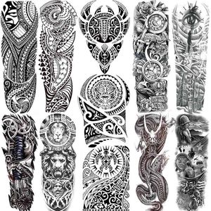 Tatuaje temporal NXY, tatuajes de manga maoríes negros para hombres y mujeres, arte de cuerpo falso, dibujo de brazo completo, tatuajes militares 3d de lobo y dragón, Show 0330