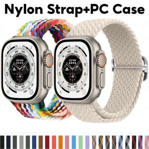 Correa de nailon y funda de PC, funda protectora de pulsera tejida elástica para Apple Watch Series 9 8 7 6 5 Se 4 I Watch 45mm 44mm 40mm 41mm