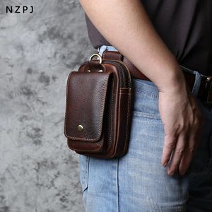 NZPJ Sac de taille pour hommes en cuir véritable couche supérieure en peau de vache sac à crochet de mode sac de ceinture de loisirs boîte à cigarettes sac de téléphone portable de 6,5 pouces 240117