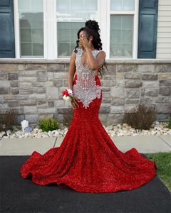 O cou pure rouge longue robe de bal pour les filles noires perlées cristal strass robes de fête d'anniversaire robes de soirée pailletées Robe De es