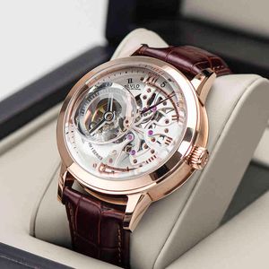 Oblvlo Luxury Casual Watches Rose Gold Tone Genuine Leather Strap Skeleton Marca autom￡tica Relogio Masculina VM