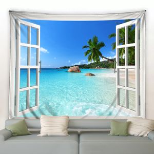 Tapisserie de paysage océanique, palmier de mer, lumière du soleil, plage, ciel bleu, tenture murale, drap bohème, Yoga, couverture de canapé, 240111