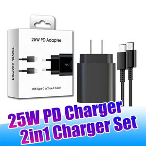 Chargeurs de qualité OEM Note 10 USB C Câble de charge rapide 1M 3ft EU US Chargeur rapide 20W Plug de mur électrique 2in1 25W pour Samsung Galaxy Note10 S10 S20 S21 EP-TA800 avec boîte de vente au détail